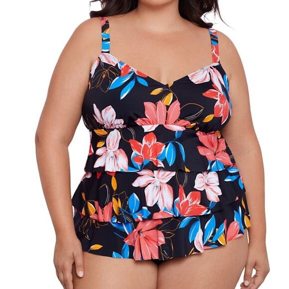 Swim Solutions Tiered Floral One Piece swimsuit black multicolor - 20W - Picture 1 of 15